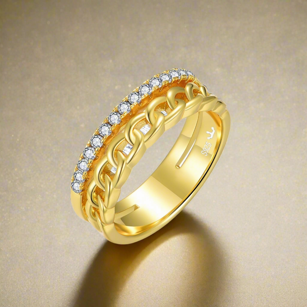 Warm Accent Sterling Silver Gold Plated Double Row Cuban Chain and CZ Ring