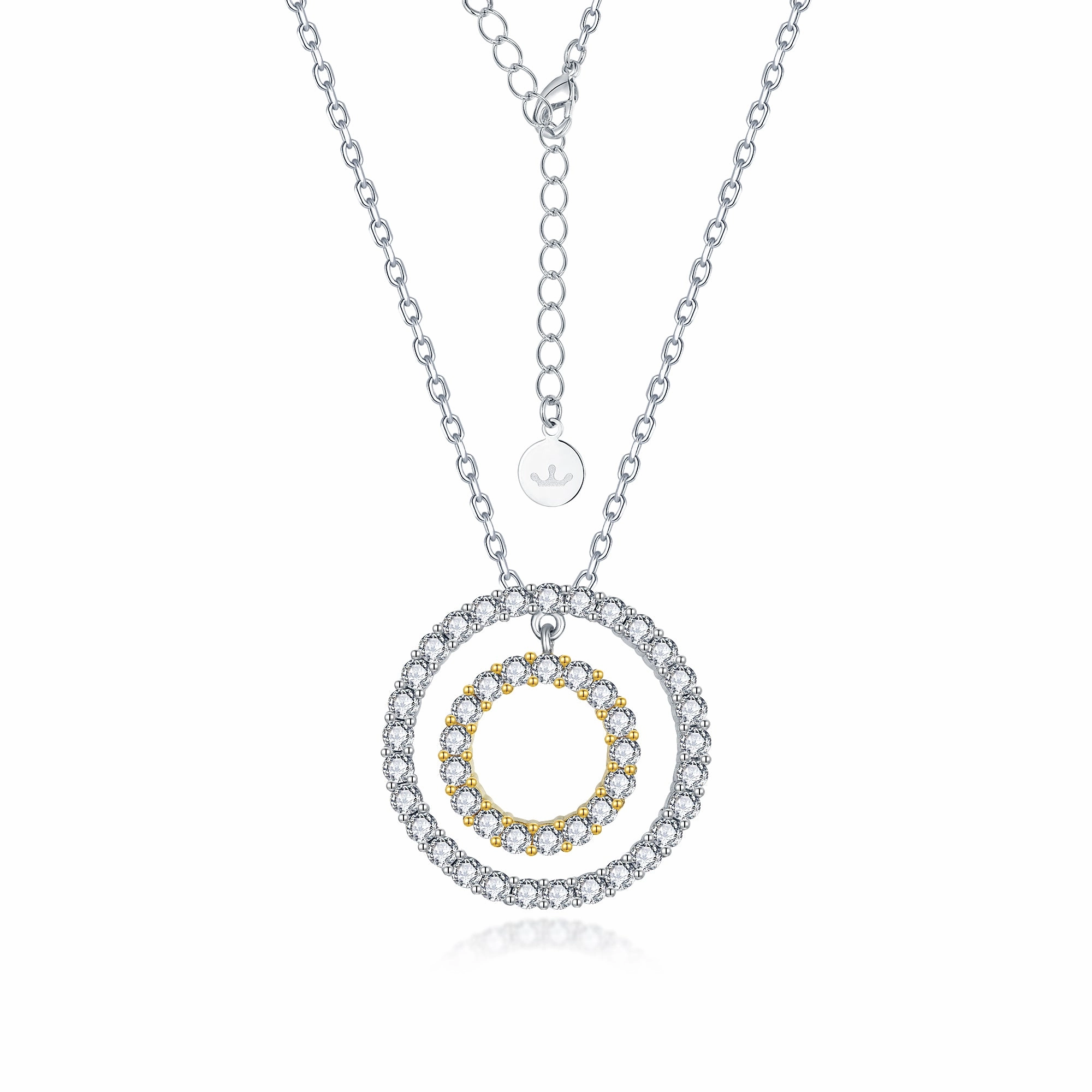 Vivid Sparkle Bridesmaid Gift Sterling Silver Two Tone Double Circle Pendant On Diamond Cut Chain
