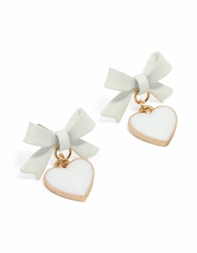 Minimal Charm Refined Piece Gold White Coated Metal Bow Drop Heart Stud Earrings