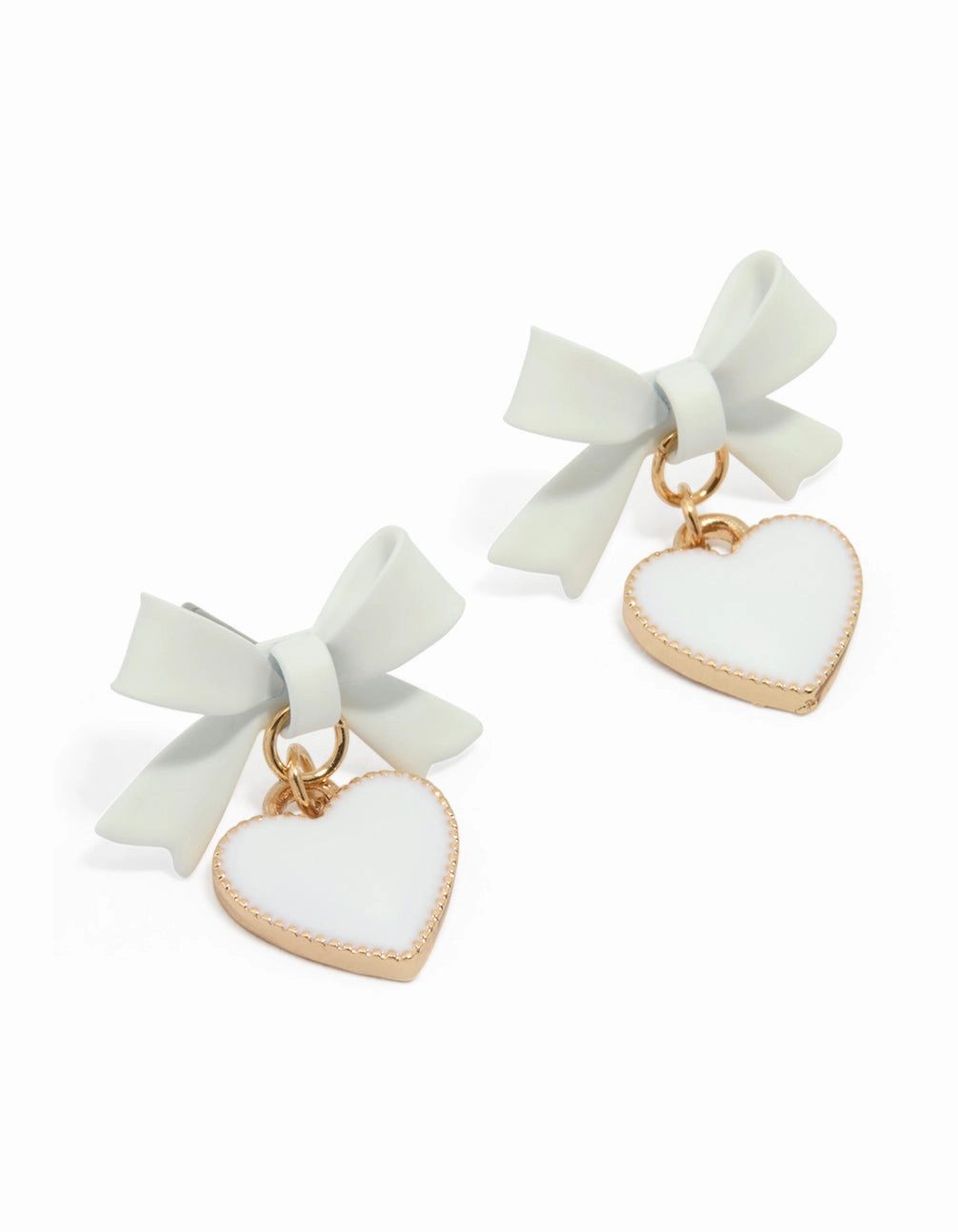 Minimal Charm Refined Piece Gold White Coated Metal Bow Drop Heart Stud Earrings