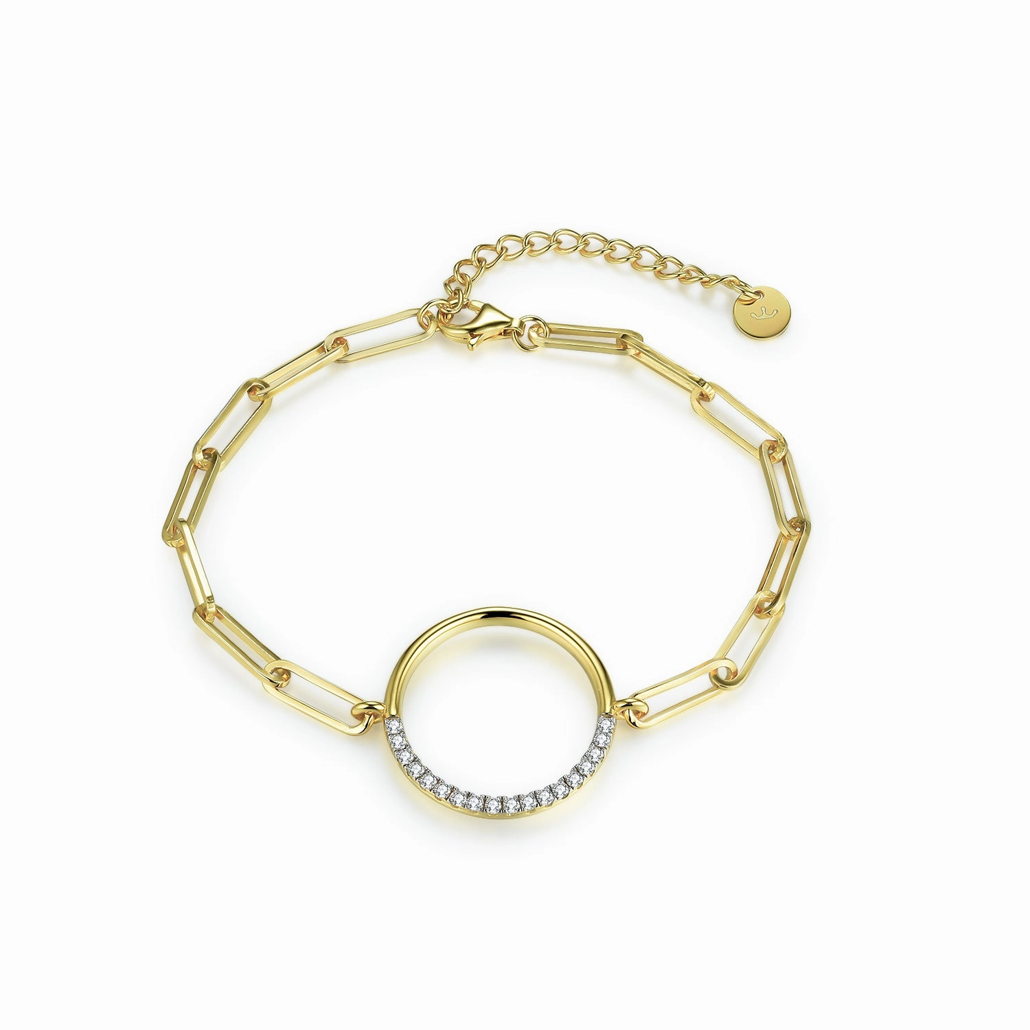Gold-Plated Sterling Silver Half CZ Circle Bracelet on Paperclip Chain Balanced Highlight