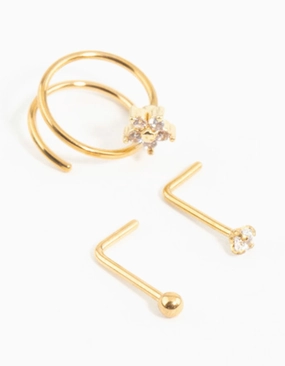 Gold Plated Surgical Steel Mini Cubic Zirconia Flower Nose Stud & Ring 3-Pack Accent Detail
