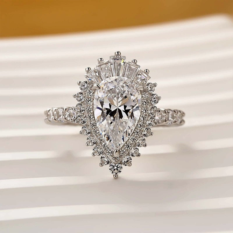 Classic Flow Vintage 2.2Ct Halo Pear Cut Engagement Ring Travel Ring In Sterling Silver