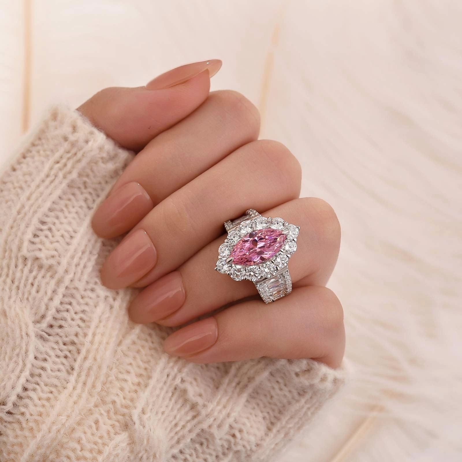 Stylish Form Wonderful Design Vintage 3.0Ct Pink Marquise Cut Halo Engagement Ring In Sterling Silver