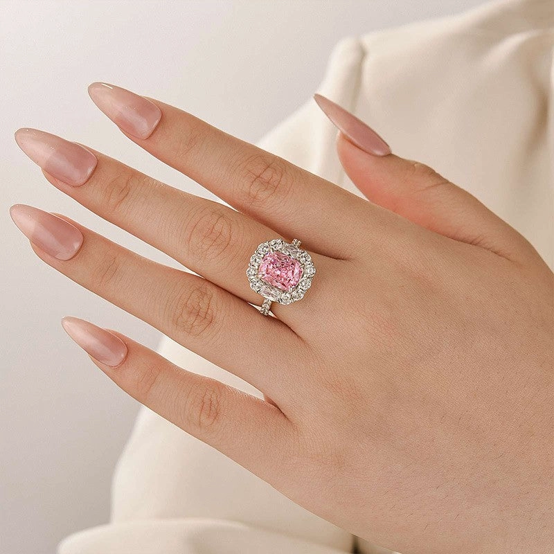 Elegant Embellishment Glamorous Statement Vintage 4.0Ct Halo Pink Cushion Cut Engagement Ring In Sterling Silver For Women