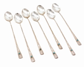 Elegant Embellishments Vintage 7-Piece Sterling Silver Turquoise Iced Tea Spoons Set (No Hallmark)