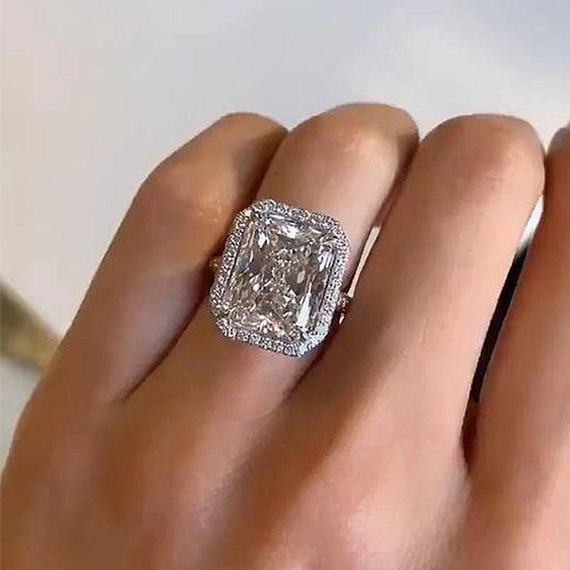 Louily Excellent Halo Radiant Cut Simulated Diamond Engagement Ring In Sterling Silver Branded Embellishment