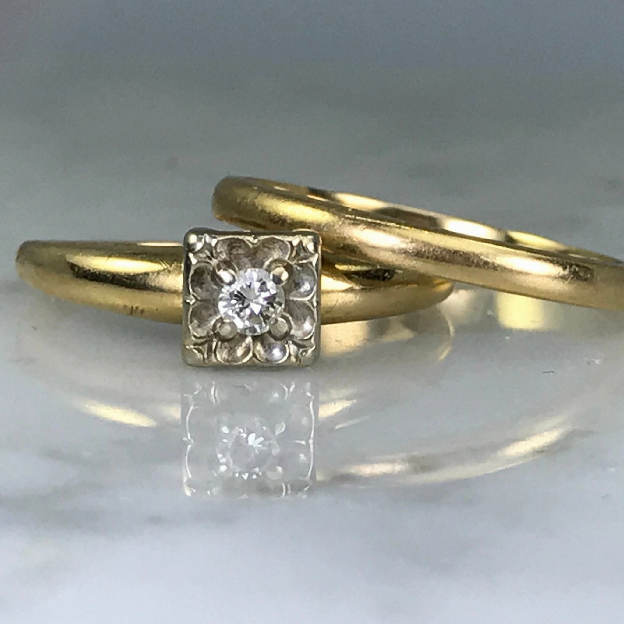 Artisan Glam Trendy Charm Vintage Bridal Set. Diamond Engagement Ring. Gold Wedding Band. Keepsake Brand. 14K Yellow Gold.