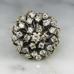 Red Dress Vintage Diamond Cluster Ring in 14K Gold Starburst Setting. April Birthstone. 10 Anniversary Gift.