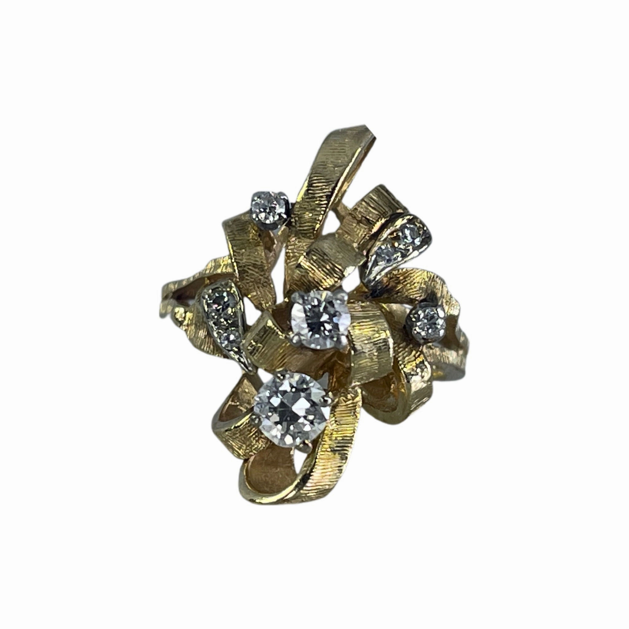 Statement Feature Vintage Diamond Cluster Ring with Old Hollywood Glamour. 14K Yellow Gold Setting with a Ribbon Design.