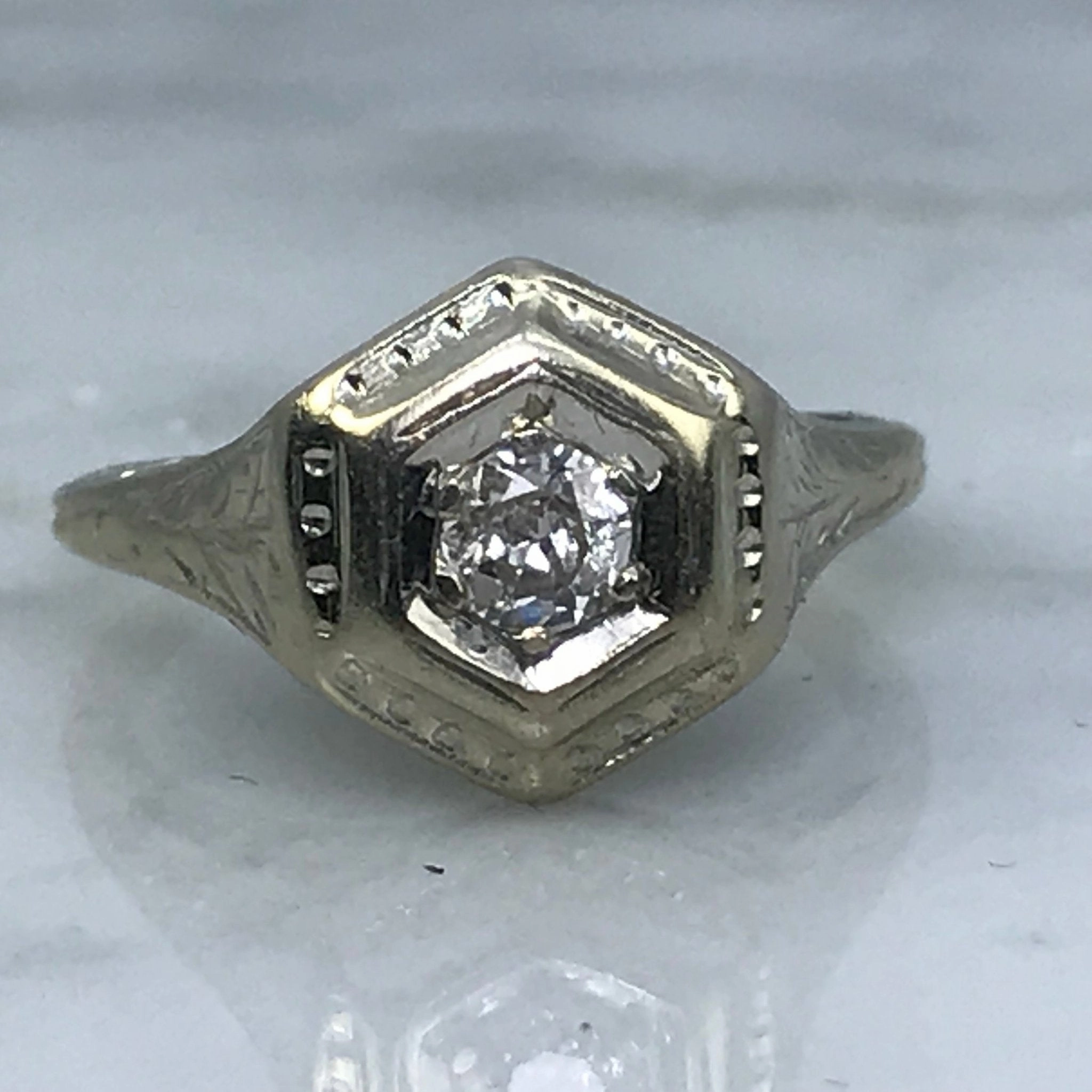 Vintage Diamond Engagement Ring. 14K Gold Filigree Setting. April Birthstone. 10 Year Anniversary. Exclusive Charm Distinctive Layer