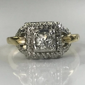 Vivid Touch Vintage Diamond Engagement Ring. Art Deco Ring by Jabel. 14K Gold. April Birthstone.