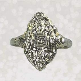 Stylish Choice Vintage Diamond Shield Ring in a 14K White Gold Art Nouveau Filigree Setting. Unique Engagement Ring.