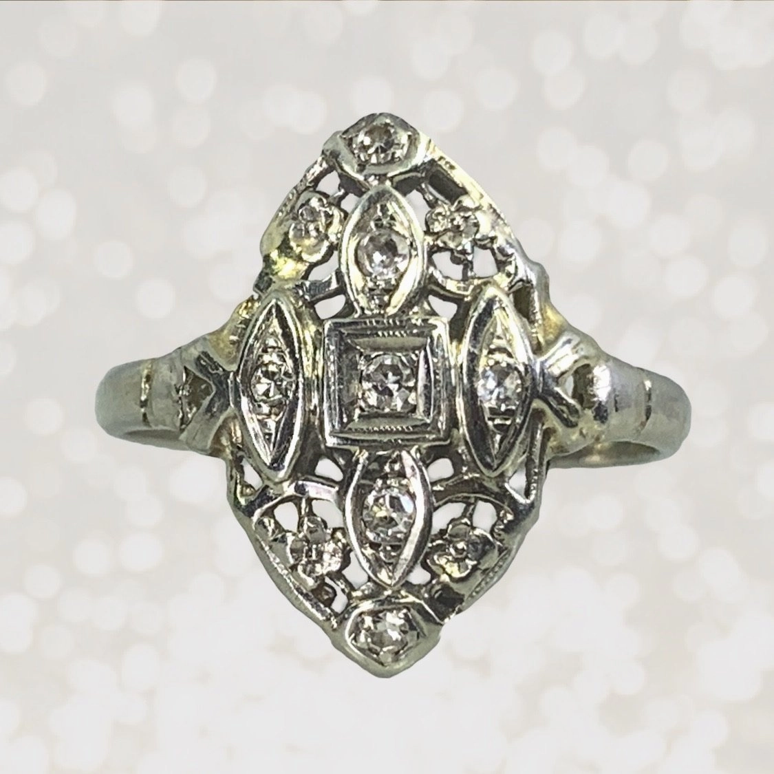 Stylish Choice Vintage Diamond Shield Ring in a 14K White Gold Art Nouveau Filigree Setting. Unique Engagement Ring.