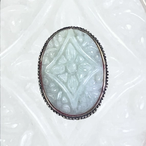 Vintage Jade Statement Ring in a Milgrain Sterling Silver Setting. Light Green Jade has Floral Etching. Style Statement