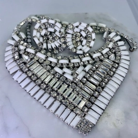 Glamorous Appeal Vintage Milk Glass and Rhinestone Necklace and Earring Set by Hattie Carnegie. Wedding Jewelry!