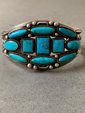 Vintage Navajo Blue Gem Turquoise Sterling Silver Cuff Shiny Design