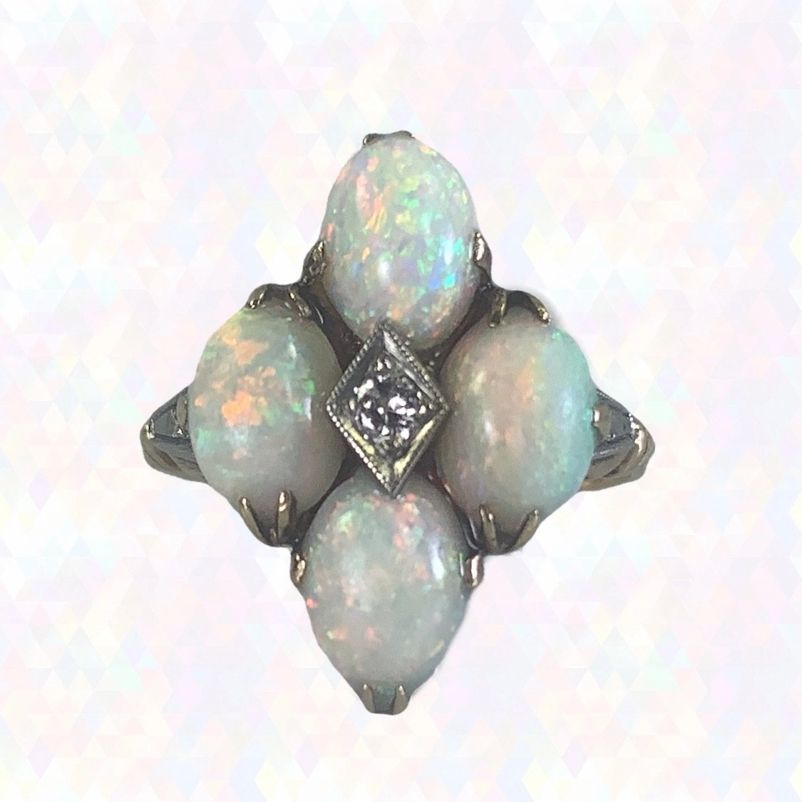 Vintage Opal and Diamond Statement Ring set in Yellow Gold. October Birthstone. 1950s Estate Jewelry Luxury piece All Season