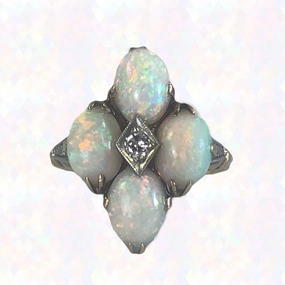 Vintage Opal and Diamond Statement Ring set in Yellow Gold. October Birthstone. 1950s Estate Jewelry Luxury piece All Season