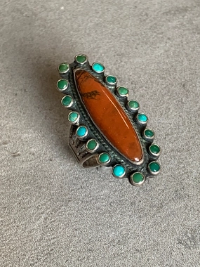 Iconic Feature Vintage Petrified Wood Sterling Turquoise Ring