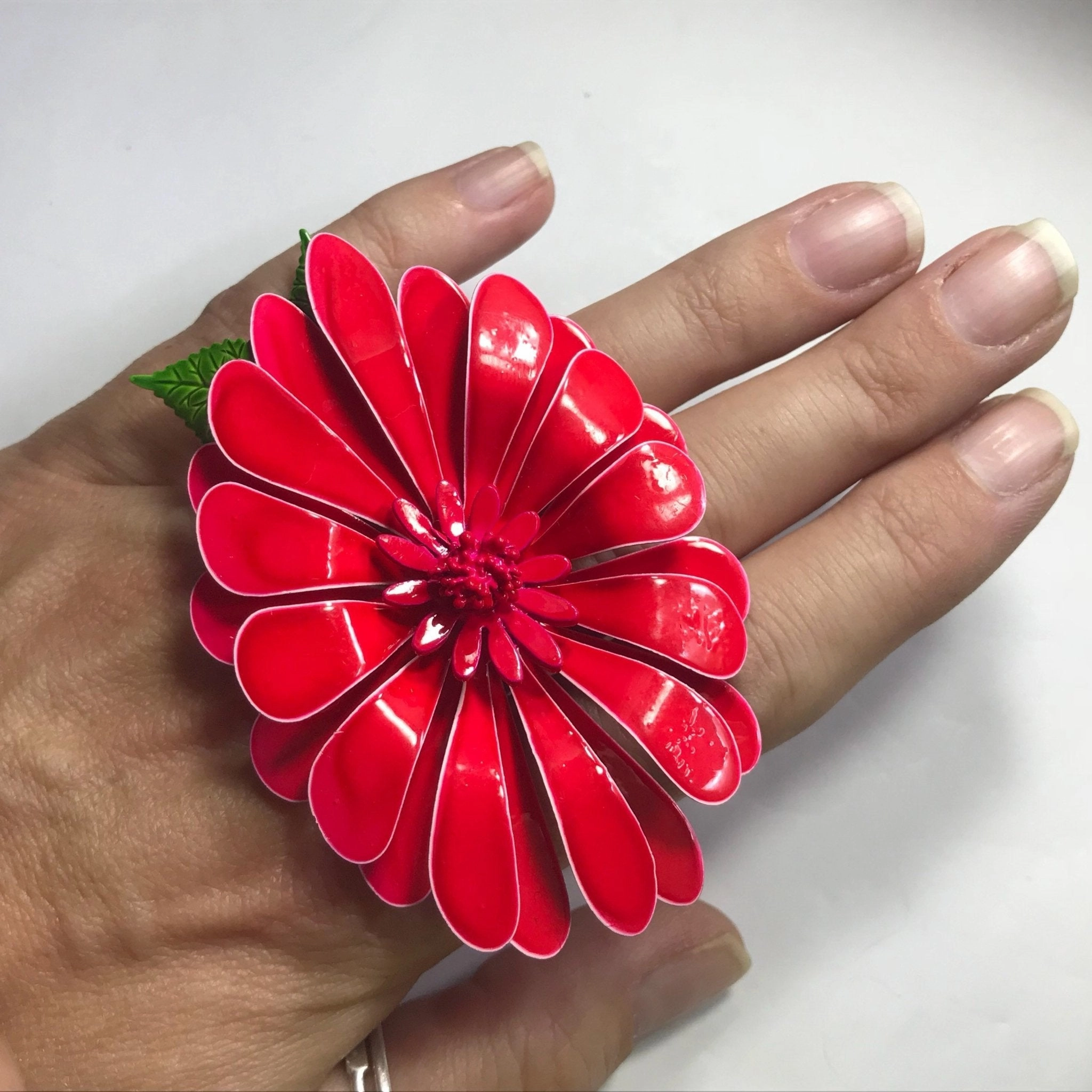 Vintage Red Enamel Flower Statement Ring. Upcycled Brooch Ring. Recycled Jewelry. Bold Edge soft look