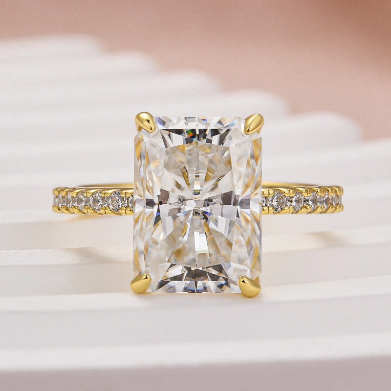 Louily Enchanting Moissanite 4.5 Carat Yellow Gold Radiant Cut Engagement Ring Dashing Accent