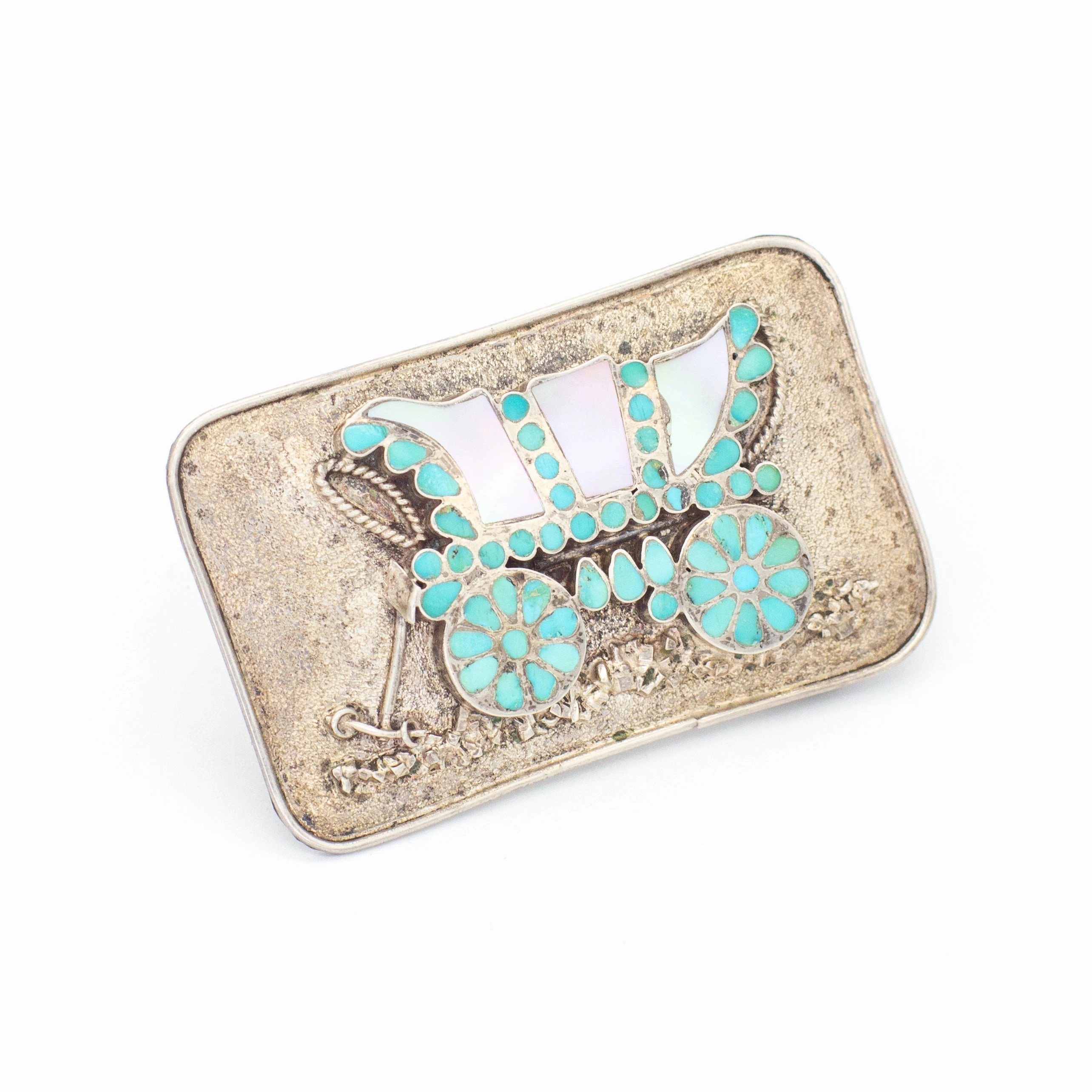 Virgil & Lena Dishta Zuni Handmade Conestoga Turquoise Inlay Belt Buckle High impact