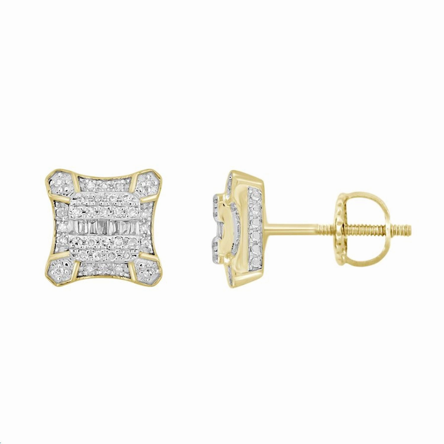 Timeless Sparkle Exclusive Gifts LADIES EARRING 0.25CT ROUND/BAGUETTE DIAMOND 10K YELLOW GOLD