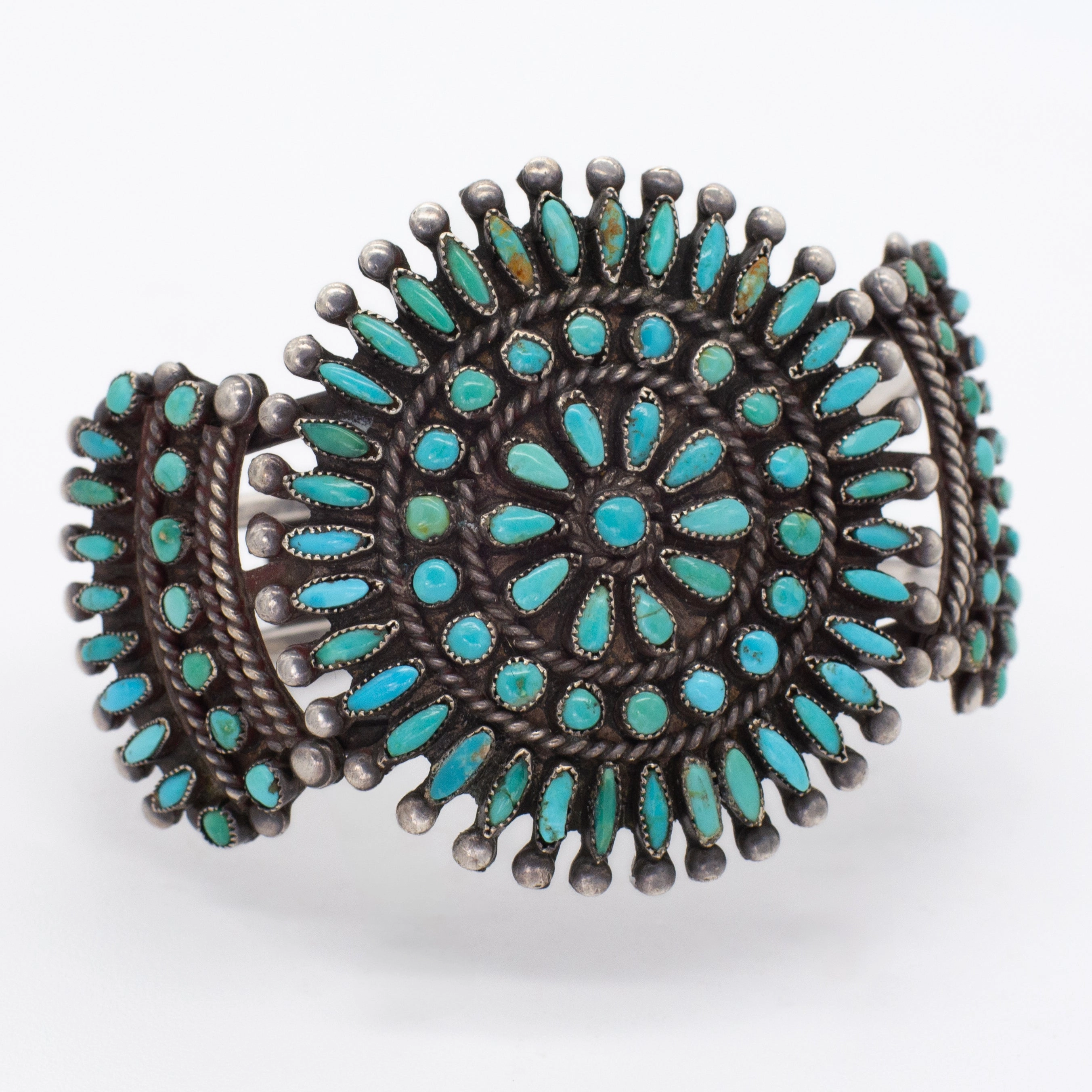 Glowing Detail Navajo Handmade Sterling Silver Turquoise Cuff Bracelet (Hallmark Unknown)