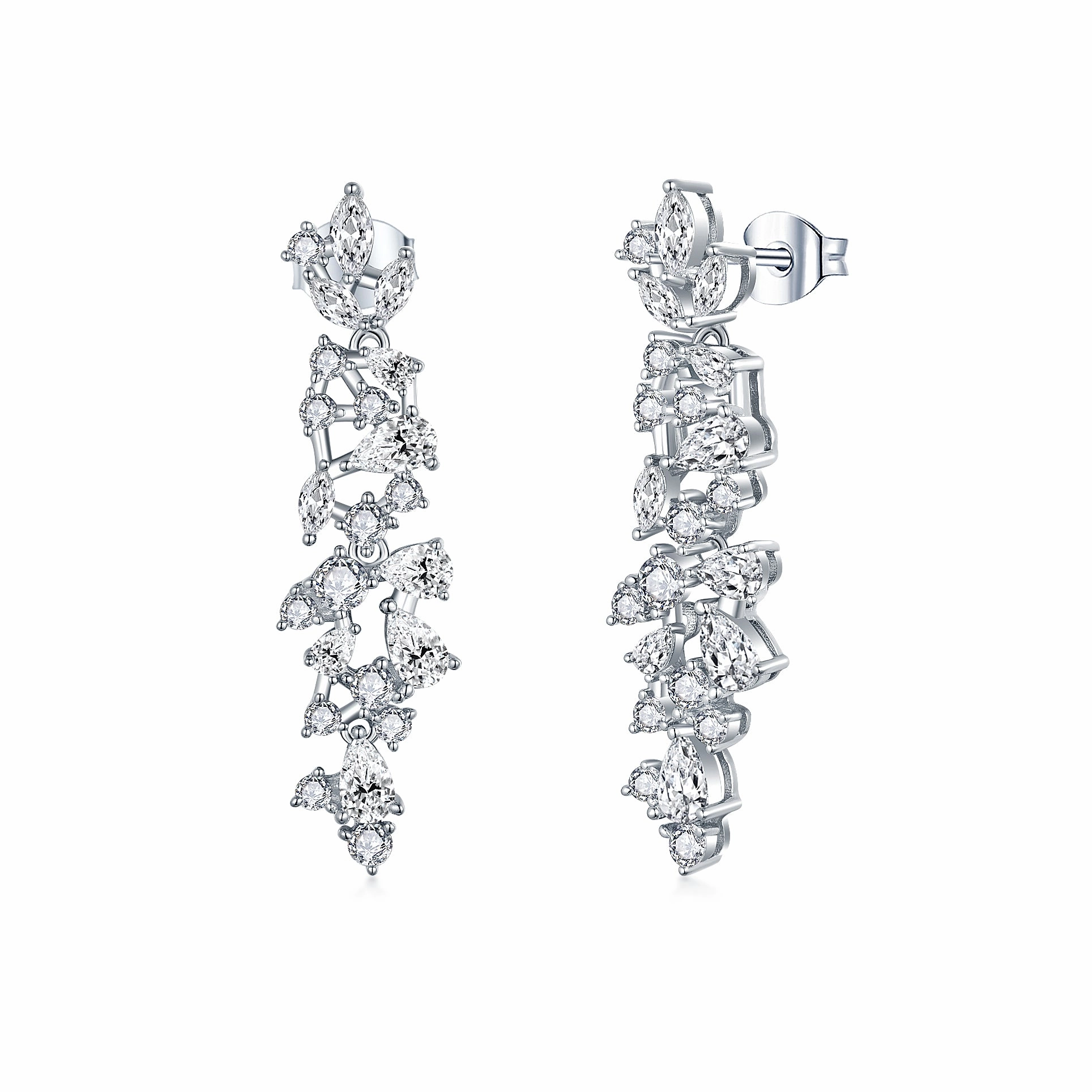 Rhodium Plated Sterling Silver Cascading Fancy Shape CZ Earring Opulent Finish Everyday Shine