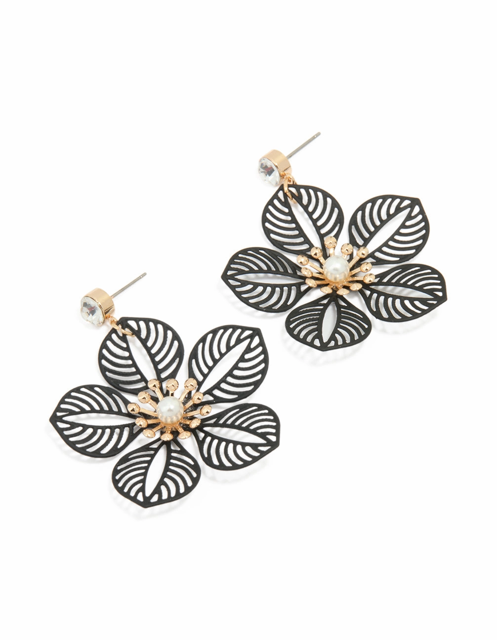 Gold Diamante Pearl Black Filigree Flower Drop Earrings Minimalist Look Shaped Precision