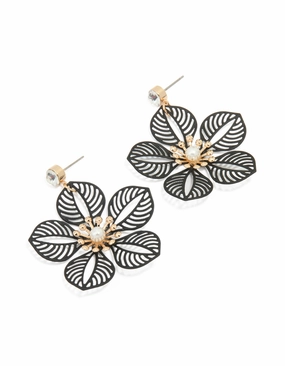 Gold Diamante Pearl Black Filigree Flower Drop Earrings Minimalist Look Shaped Precision