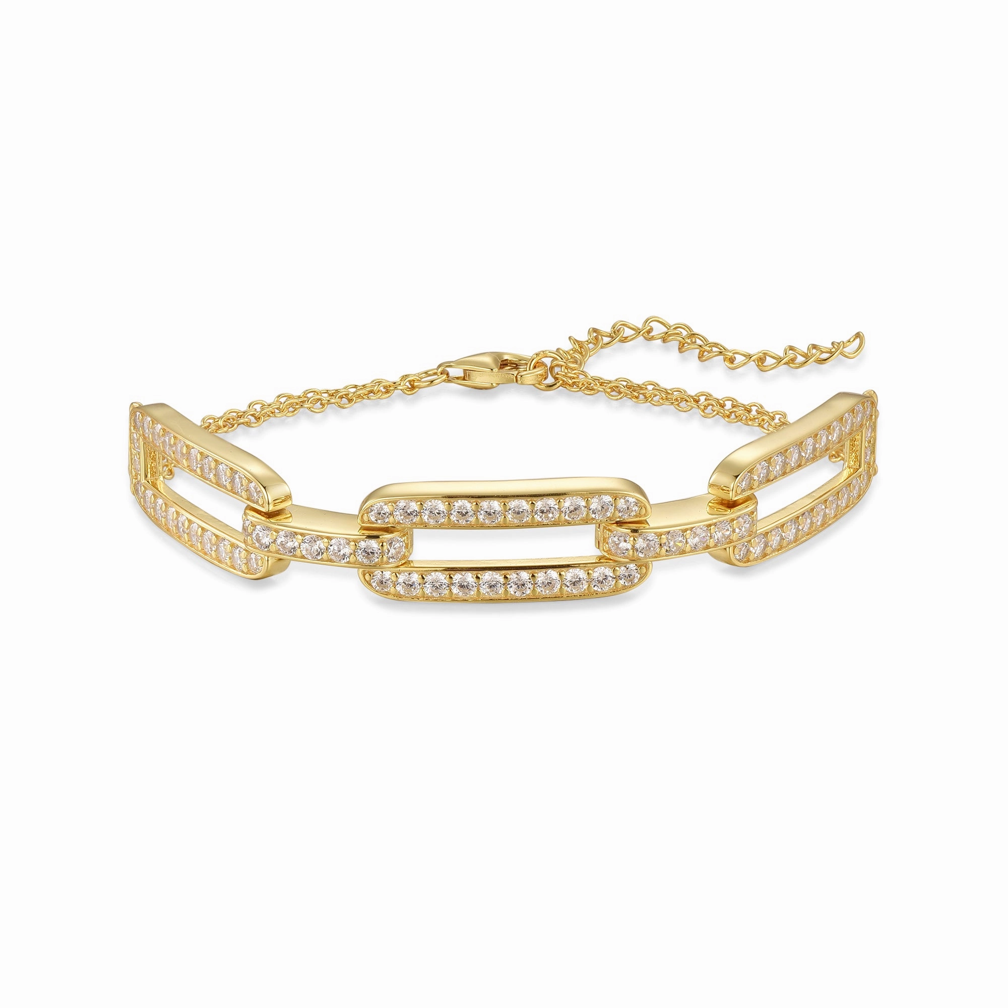Sterling Silver Gold Plated CZ Paperclip on Double Chain Bracelet Premium Jewelry Timeless Line