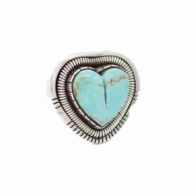 Walter Vandaver Navajo Handmade Sterling Silver Turquoise Heart Ring Radiant Spark Crisp Shine