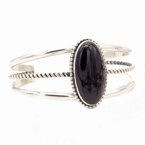 Walter Vandever Navajo Handmade Sterling Silver Onyx Cuff Bracelet Silky Finish Gloss Accent