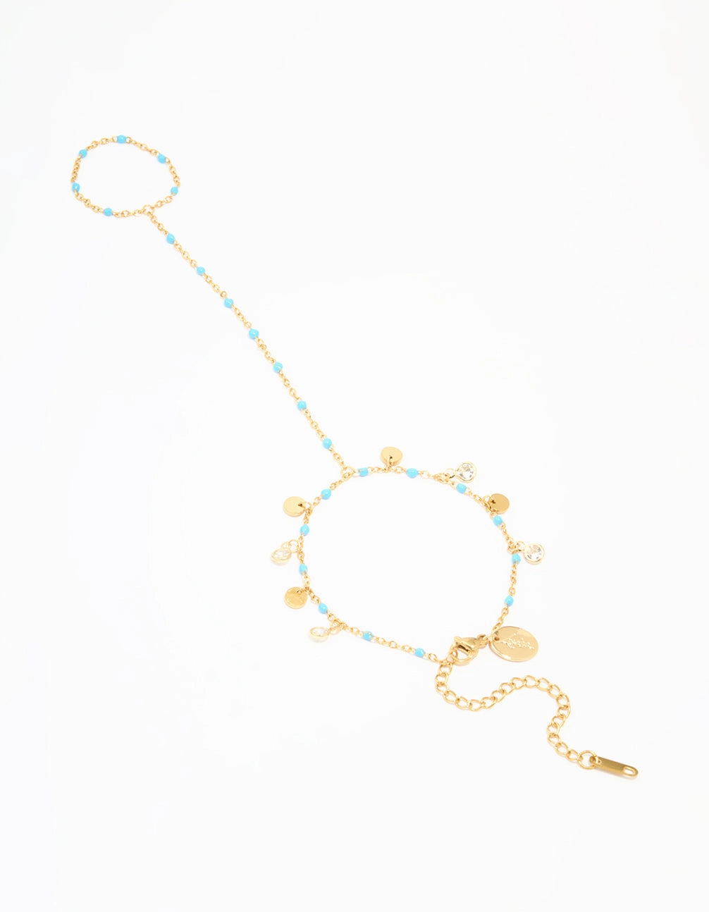 Waterproof Gold Plated Stainless Steel Blue Bead & Disc Hand Chain Holiday Sparkle Evergreen Trend