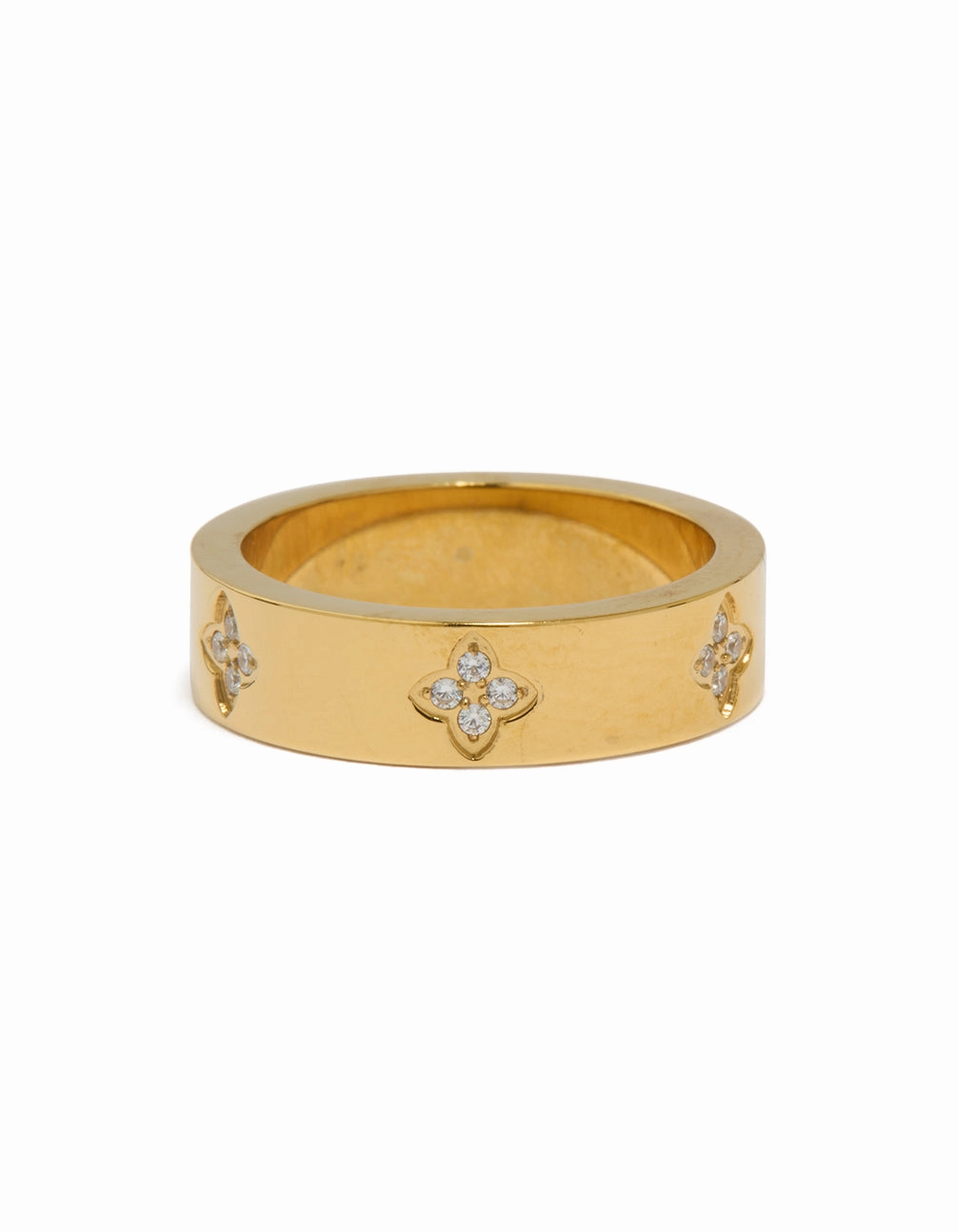 Natural Elements Classic Pairing Waterproof Gold Plated Stainless Steel Cubic Zirconia Flower Band Ring