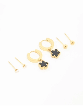 Waterproof Gold Plated Stainless Steel Flower & Star Earrings 3-Pack Formal Layer Lustrous Edge