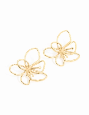 Radiant Detail Waterproof Gold Plated Stainless Steel Flower Outline Stud Earrings