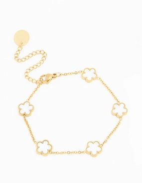 Waterproof Gold Plated Stainless Steel Ivory Inlay Flower Petals Charm Bracelet Crisp Finish Soft Detail