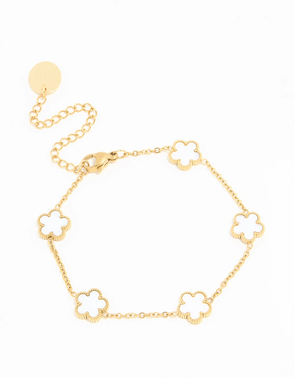 Waterproof Gold Plated Stainless Steel Ivory Inlay Flower Petals Charm Bracelet Crisp Finish Soft Detail