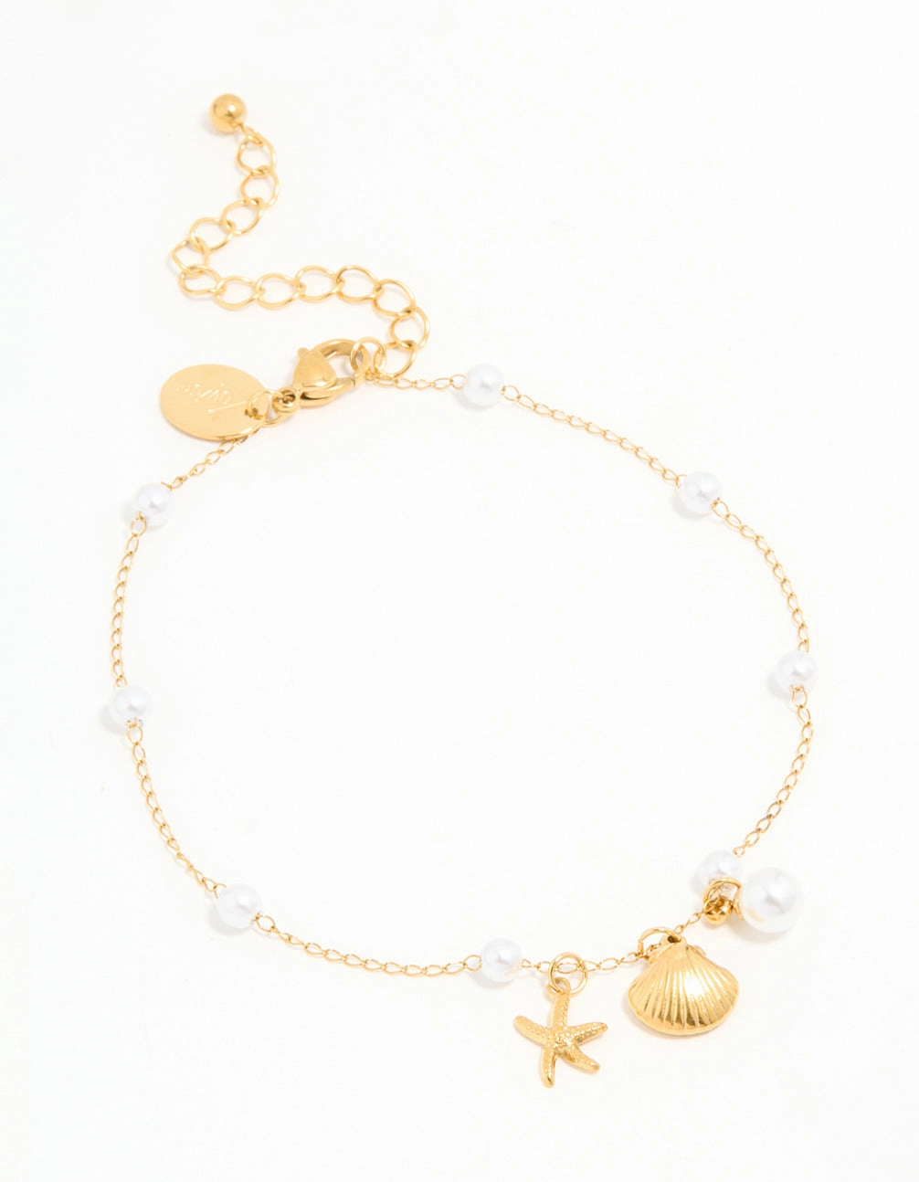 Waterproof Gold Plated Stainless Steel Pearl Star & Shell Charm Anklet Peerless Detail Cosmic Composites
