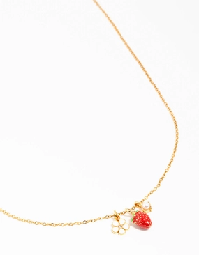 Timeless Jewelry Waterproof Gold Plated Stainless Steel Strawberry & Flower Pendant Necklace