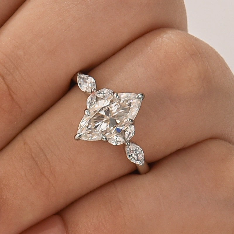 square shape Custom Symbol Moissanite 2.0Ct Marquise Stone with Two Designd Side Stone White Gold Engagement Ring
