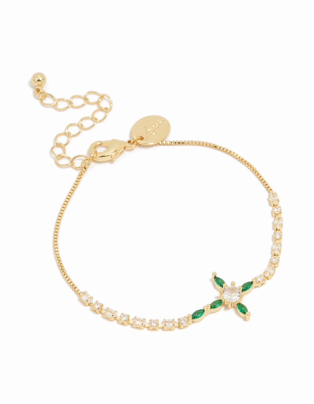 Breaking Perspective Gold Plated Brass Emerald Cross Cubic Zirconia Toggle Bracelet