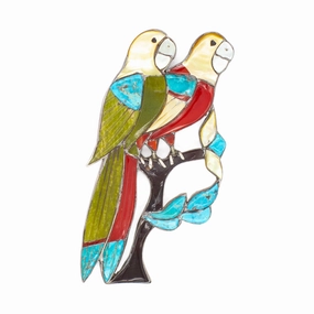 Dramatic Touch Delicate Beauty Zuni Handmade Double Parrot Multi-Inlay Sterling Silver Pin